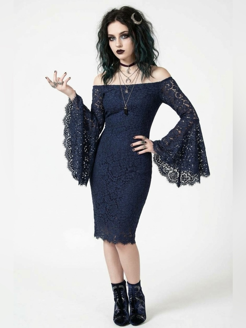 Bardot Whimsigoth Navy Lace Bell Sleeve Midi Dress Off Shoulder Feminine Witchy